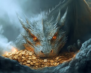 A Majestic Dragon Resting Upon Its Hoard of Gleaming Gold Coins, With Sinister Amber Eyes, Imparts an Atmosphere of Power and Enigma.