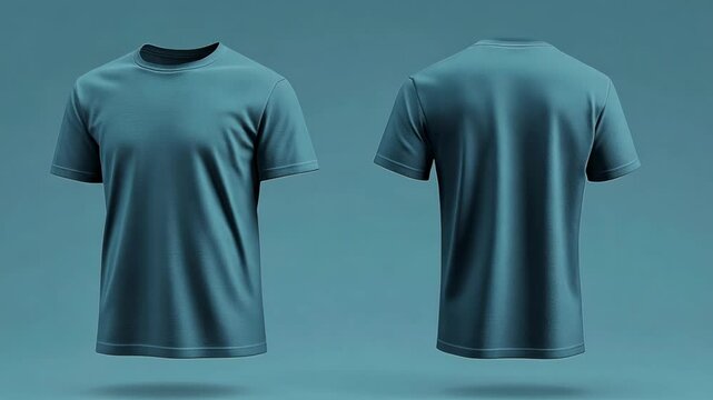 Stylish blue t-shirt design showcased from multiple angles in a minimalistic setting