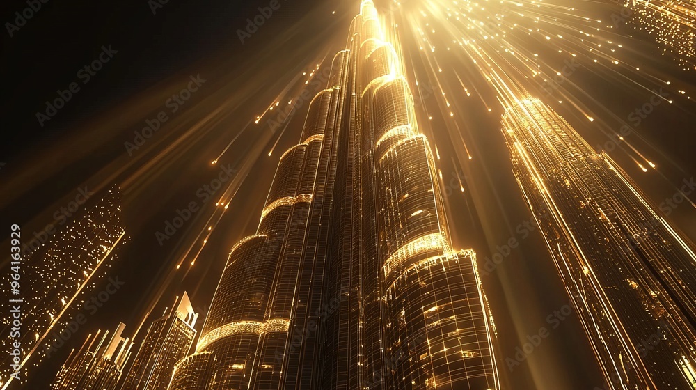 Canvas Prints Golden skyscraper with light beams reaching for the sky.