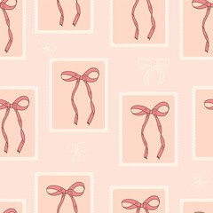 Bows posters seamless pattern. Pink festive band patchwork repeat background. Bowknots endless design. Vector hand drawn illustration.