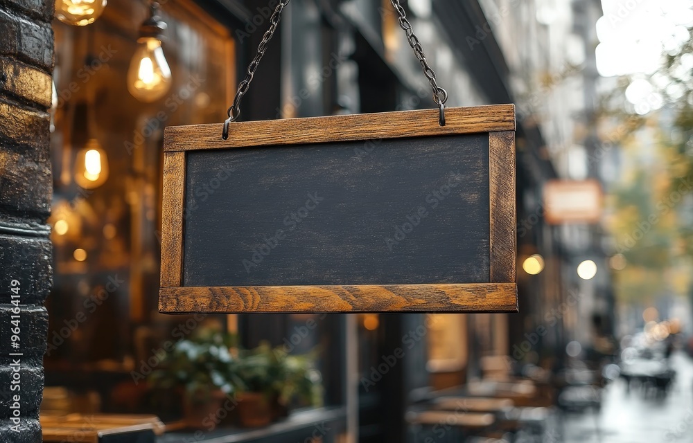 Poster Blank Chalkboard Sign Hanging Above a City Cafe