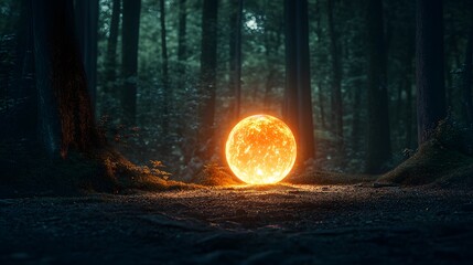 A mysterious glowing orb in the middle of a dark forest, illuminating the surroundings with a soft, warm light
