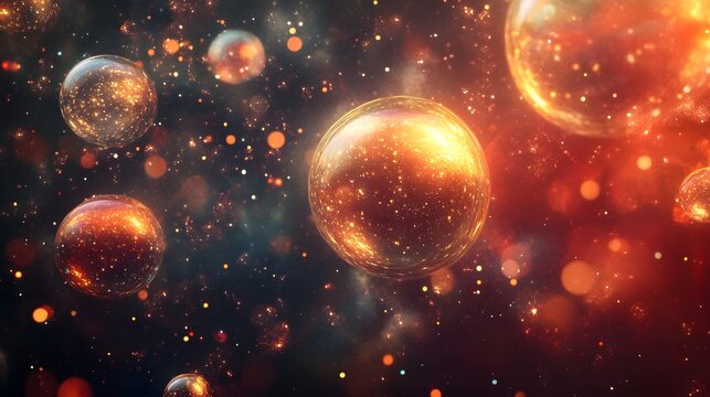 A cosmic dance of abstract shapes and glowing orbs in the vastness of space