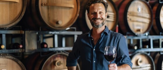 Man in casual attire, holding red wine in a cellar with wooden barrels. Relaxed winery ambiance implied.