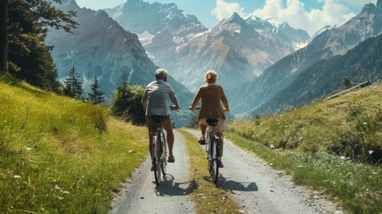 Fototapeta premium An elderly couple enjoys a scenic bike ride through a lush mountain meadow on electric bicycles, surrounded by greenery and snowy peaks under a sunny sky.