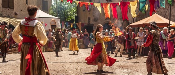 A colorful medieval scene shows a woman in a red dress dancing with a fire stick, surrounded by others in Renaissance attire. Festive atmosphere in a historical setting.