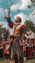 Naklejka premium A man in a medieval outfit juggles fruits and sticks outdoors, smiling, while a crowd in medieval attire watches, creating a festive atmosphere.