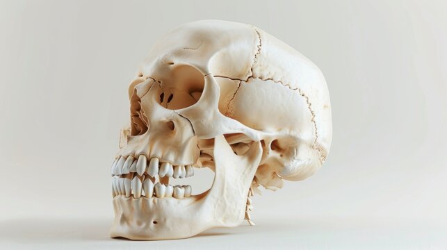 A human skull model with detailed teeth and jaw on a white background, conveying a scientific vibe. Tilted slightly right, it features intricate bone structure.