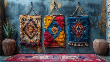 Variety of the gorgeous oriental carpets in traditional carpet store in Middle East. Pile of beautiful handmade carpets on the traditional Middle East market bazaar.