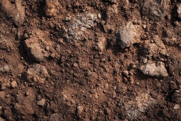 A Close Up View of Rich, Dark Soil Displaying Its Unique Texture and Diverse Pebbles Beneath