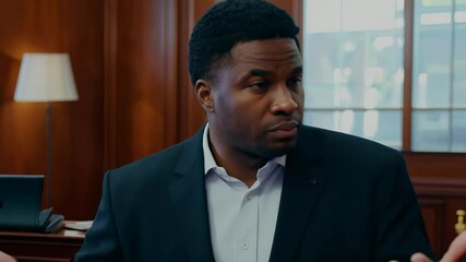 A middle-aged black man, around 40 years old, is looking at the camera while shooting his closing arguments as a lawyer.