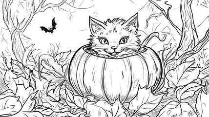  Cute cat and pumpkin Halloween coloring page