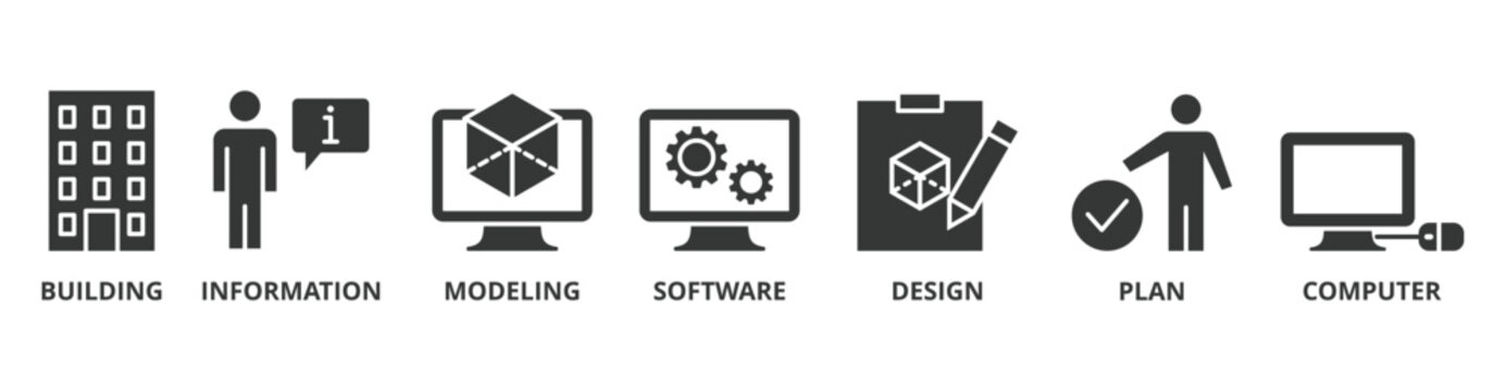 BIM banner web icon vector illustration concept for building information modeling with icon of building, information, modeling, software, design, plan, and computer