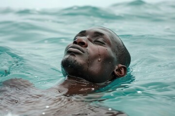 Powerful image capturing the profound despair of a refugee lost at sea, evoking deep emotional and humanitarian concerns