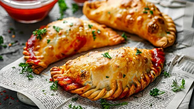Delicious homemade calzones filled with cheese and herbs served on a platter with dipping sauce