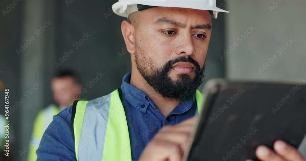 Poster Planning, tablet and architecture with man on construction site for project management, property development and building inspection. Engineering, technology and digital blueprint with person