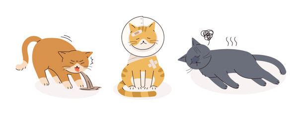 Collection of sick cat illustrations. A vomiting cat, a cat that underwent surgery, a helpless cat.