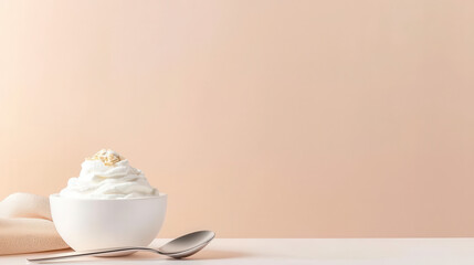 Whipped cream topping in a white bowl, garnished with nuts, placed on a minimalist pastel background with a silver spoon