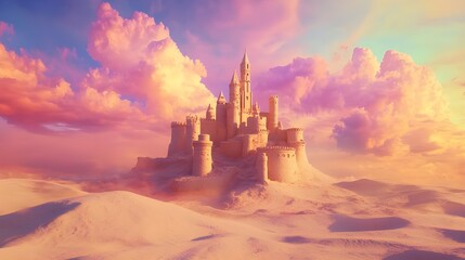 Naklejka premium Desert landscape with a creative artistic sandcastle, striking visual image