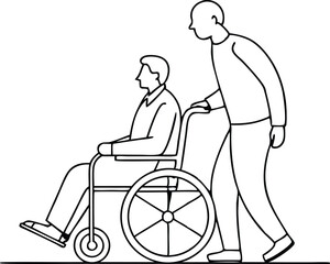 Man carries a patient in a wheelchair illustration black and white