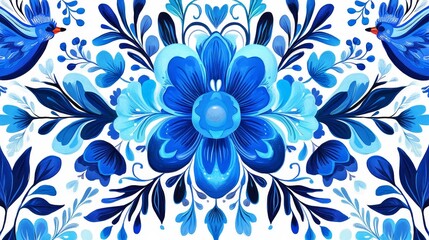 Fototapeta premium Blue Floral Painting with Birds, Acrylic on Canvas, White Background, Floral Motif, Birds, Blue, Painting