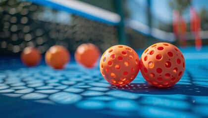 detail of five orange pickleball balls on blue tennis court.