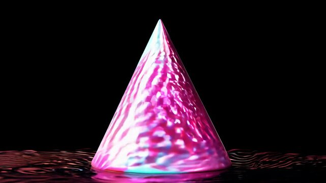 Realistic 3D animation of the abstract morphing liquid iridescent ruby red cone rendered in UHD with additional detailed black background