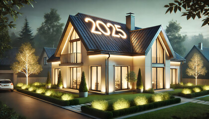 2025 Happy New Year Illustration on modern house
