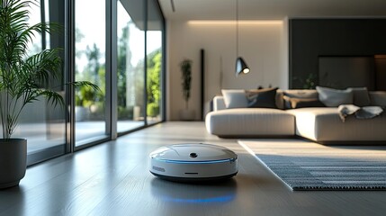 Personal robot assistant vacuuming the floor in a modern, tech-savvy home, showcasing the integration of AI in futuristic housework