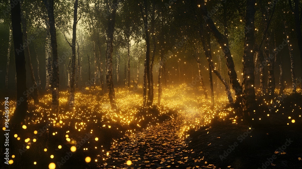 Wall mural a surreal forest where the trees are made of light and the ground is covered in glowing leaves