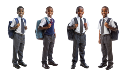 Group of smiling children in school uniform with backpacks on transparent background.