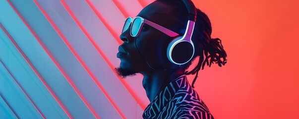 Man Wearing Sunglasses and Headphones in Neon Light