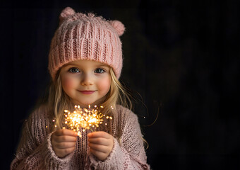charming little girl in a knitted pink hat holding fireworks 