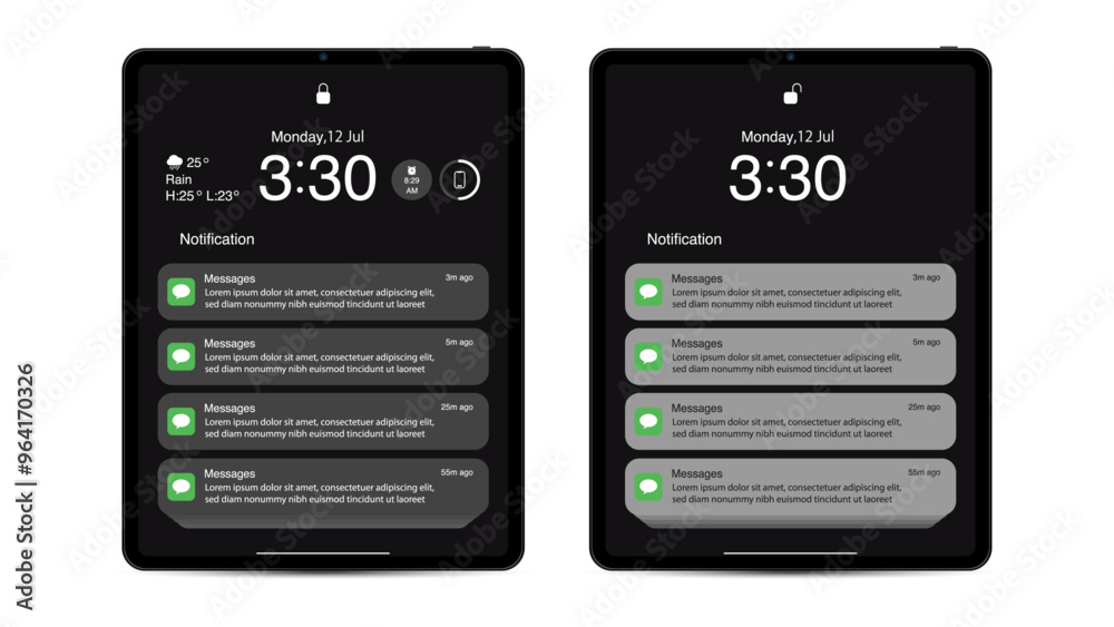 Wall mural smart tablet computer notification screen. clean ui design with dark and light mode, lock, battery, 