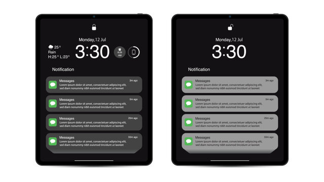 Smart Tablet Computer Notification Screen. Clean UI Design with Dark and Light Mode, Lock, Battery, Weather, and Notifications. Vector Illustration.