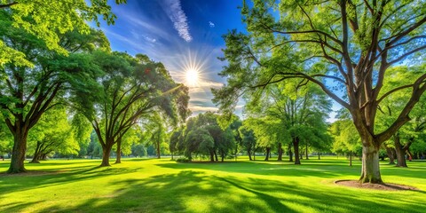 Naklejka premium Vibrant sunny park with lush green lawn and tall trees