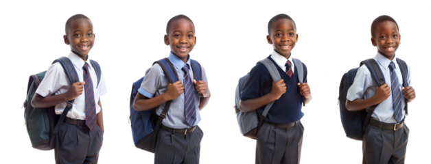 Four boys in school uniforms with backpacks on transparent background
