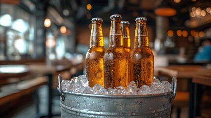 cold bottles of beer in bucket with ice in a restaurant setting