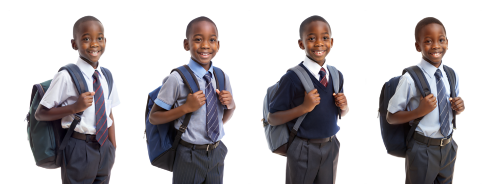 Four boys in school uniforms with backpacks on transparent background - Powered by Adobe