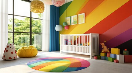 Colorful Bright Baby Room Interior with Vibrant Walls, Cozy Furniture, and Playful Decorations for a Joyful Space new beautiful stock image illustration AI