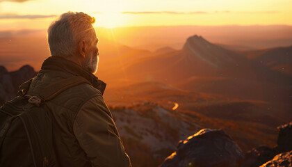 an older man on top of a spectacular mountain at sunset. horizontal view