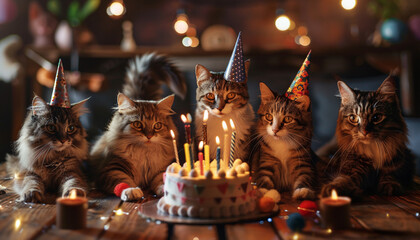 six cats with anniversary hats around a wooden table with a cake in the center with lit candles