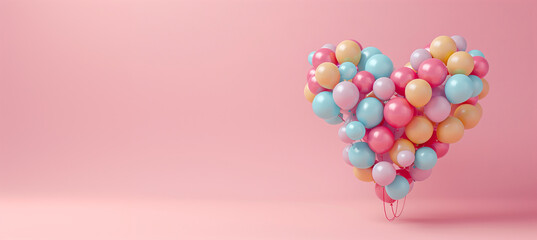 heart made with render style balloons with pink background, panoramic