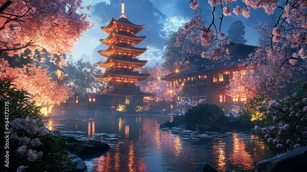 Sticker Illuminated Pagoda, Cherry Blossoms, and Tranquil Water Reflections at Dusk.