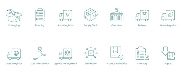Integrated Supply Chain and Sustainability Vector Icon Set for Smart Logistics and Inventory Management
