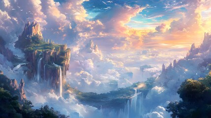 A dreamlike landscape where mountains float in the sky and rivers flow upwards into the clouds