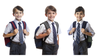 Three smiling boys wearing school uniforms and backpacks on transparent background