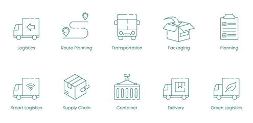 Integrated Logistics and Transportation Vector Icon Set for Route Planning, Packaging, and Smart Solutions