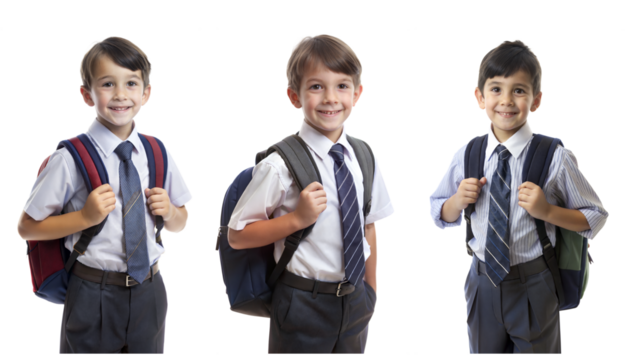 Three smiling boys wearing school uniforms and backpacks on transparent background