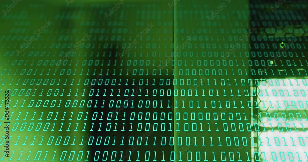 Poster binary code animation over shadowy figure in green background